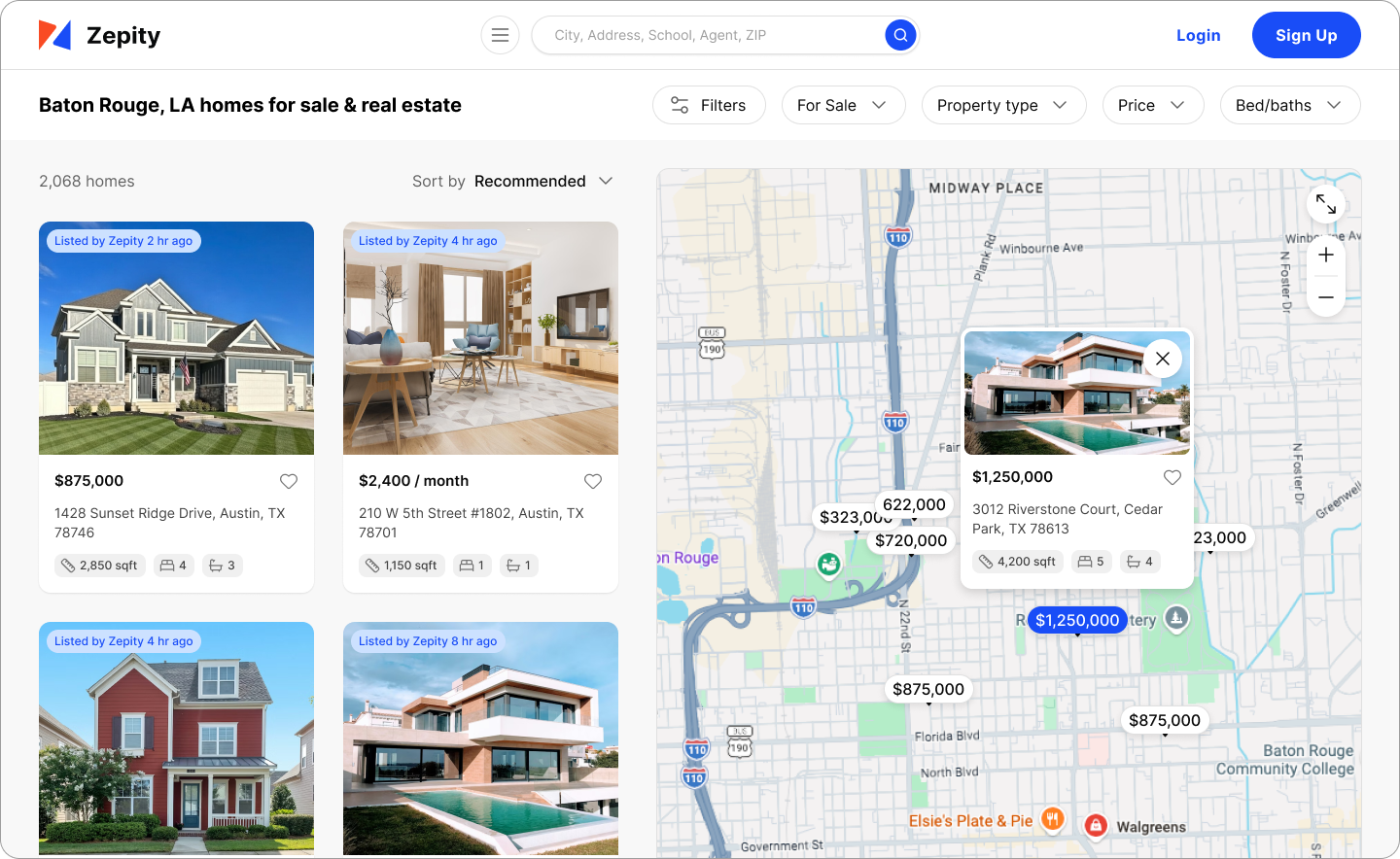 Real estate listing platform user interface showing property listings, interactive maps, transaction documents, and virtual showing management tools