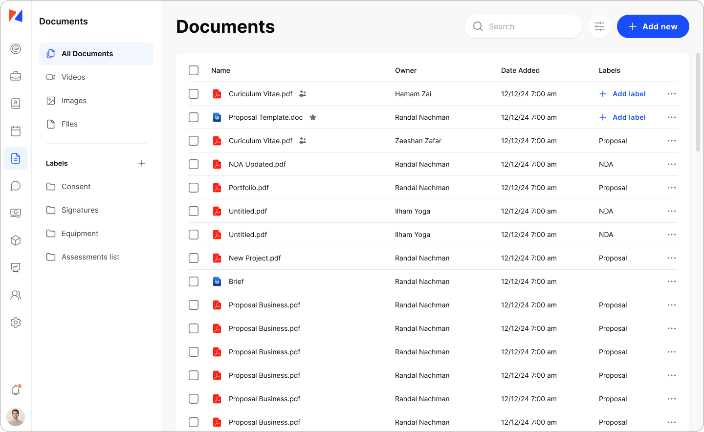 Document management user interface showing cloud storage folders with file sharing permissions and collaboration features