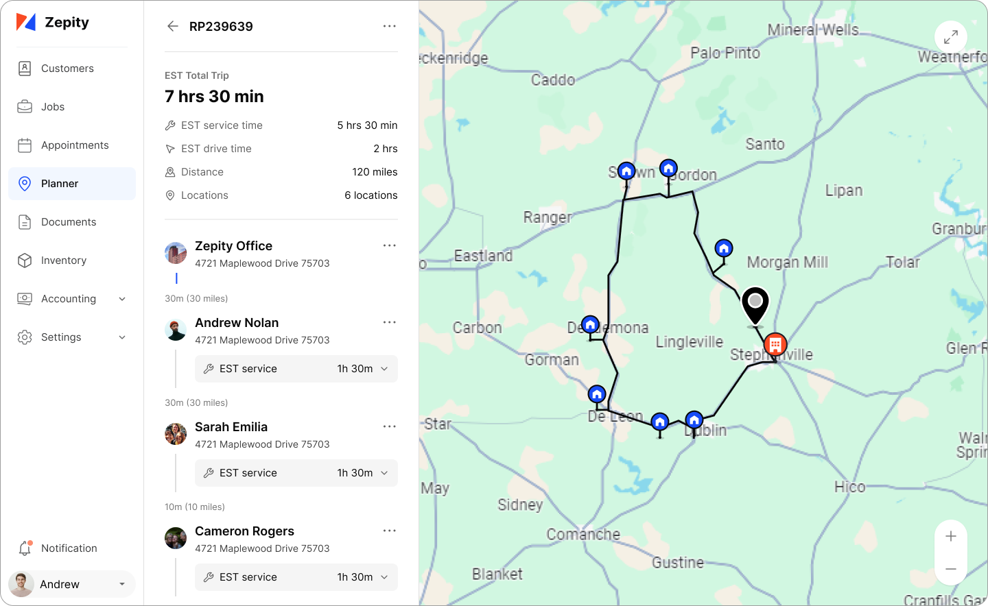 Route planner map user interface showing optimized delivery routes, traffic conditions, and navigation waypoints with efficiency metrics