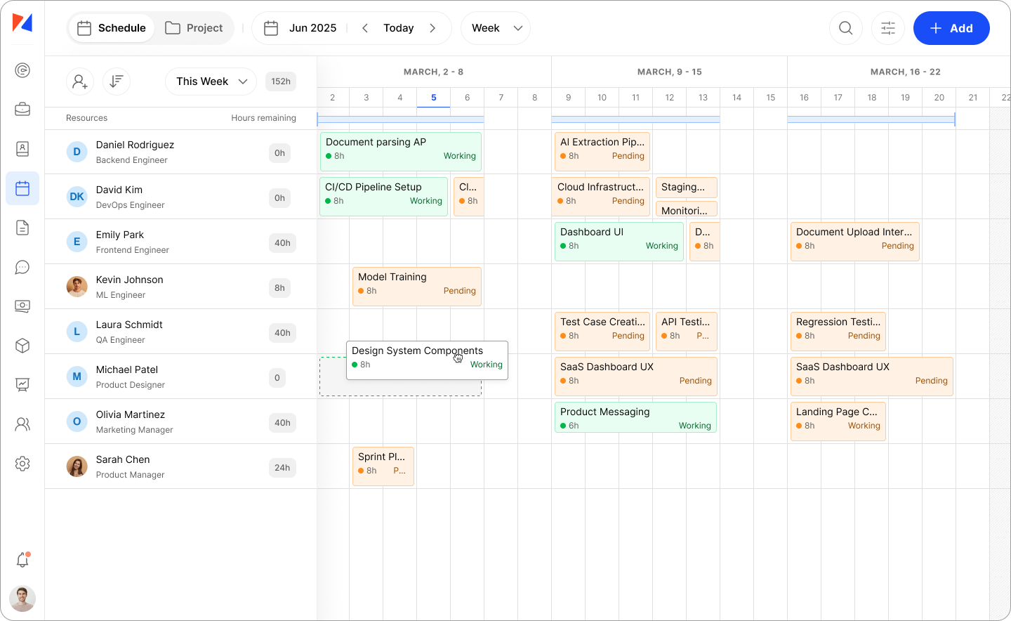 Project planner user interface showing Gantt charts, timeline visualization, milestone tracking, and resource allocation dashboard